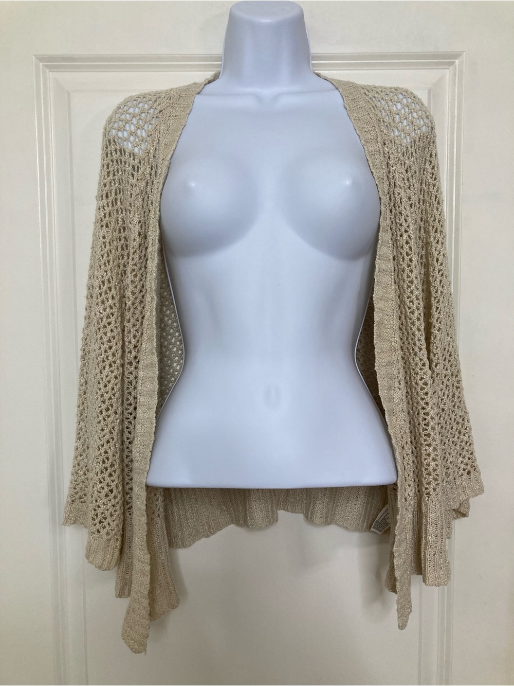 Crochet Open Knit Cardigan Beige Size L Boho Festival Coastal Bell Sleeve